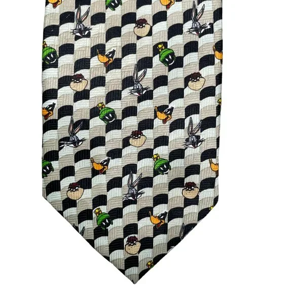 Looney Tunes White Black Tan Motif Polyester Classic Necktie Bugs Bunny Daffy - Picture 3 of 8